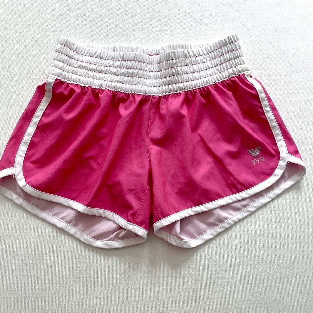 TYR Women's Small Pink Running Shorts Warm Up Lined White Trim Gym Logo Athletic